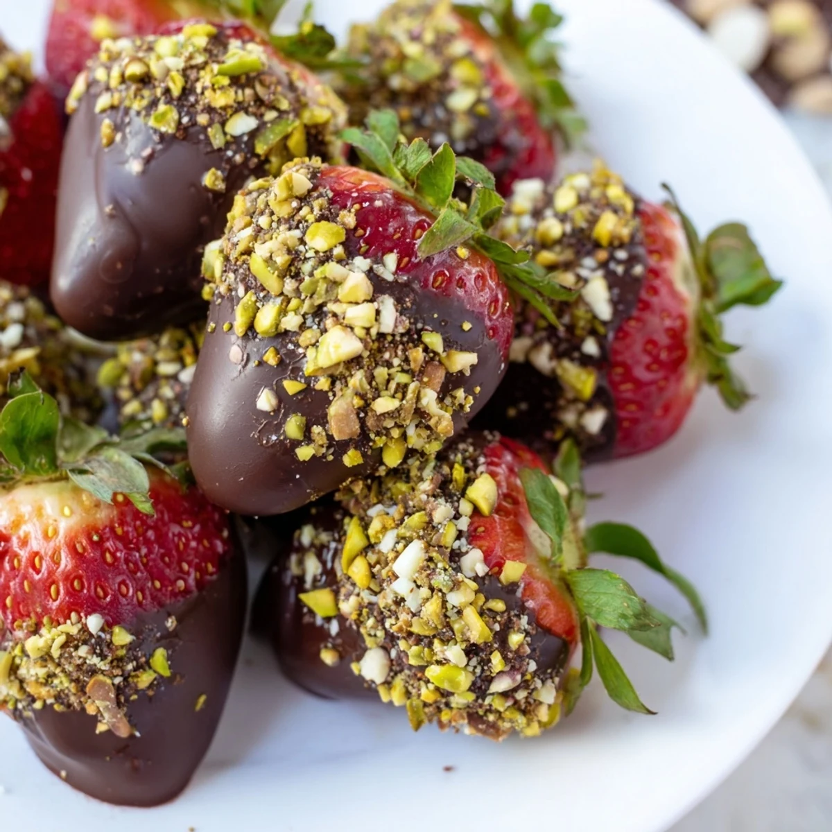 Chocolate Dipped Strawberries with Nuts on a rustic wooden board, showing glossy dark chocolate and crunchy chopped nuts.