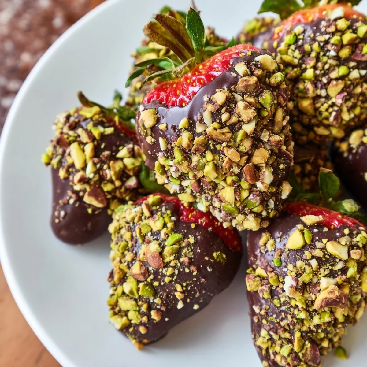 Close up view of Chocolate Dipped Strawberries with Nuts, a decadent dessert treat with rich chocolate coating and colorful nut toppings.