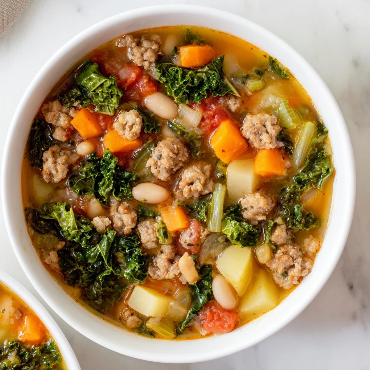 Steaming bowl of Turkey Sausage and Kale Soup garnished with fresh kale and served beside rustic bread.