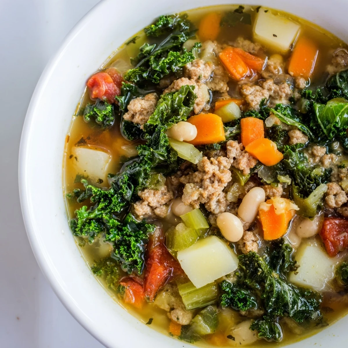 Homemade Turkey Sausage and Kale Soup topped with olive oil swirl in a cozy American-style dinner setting.
