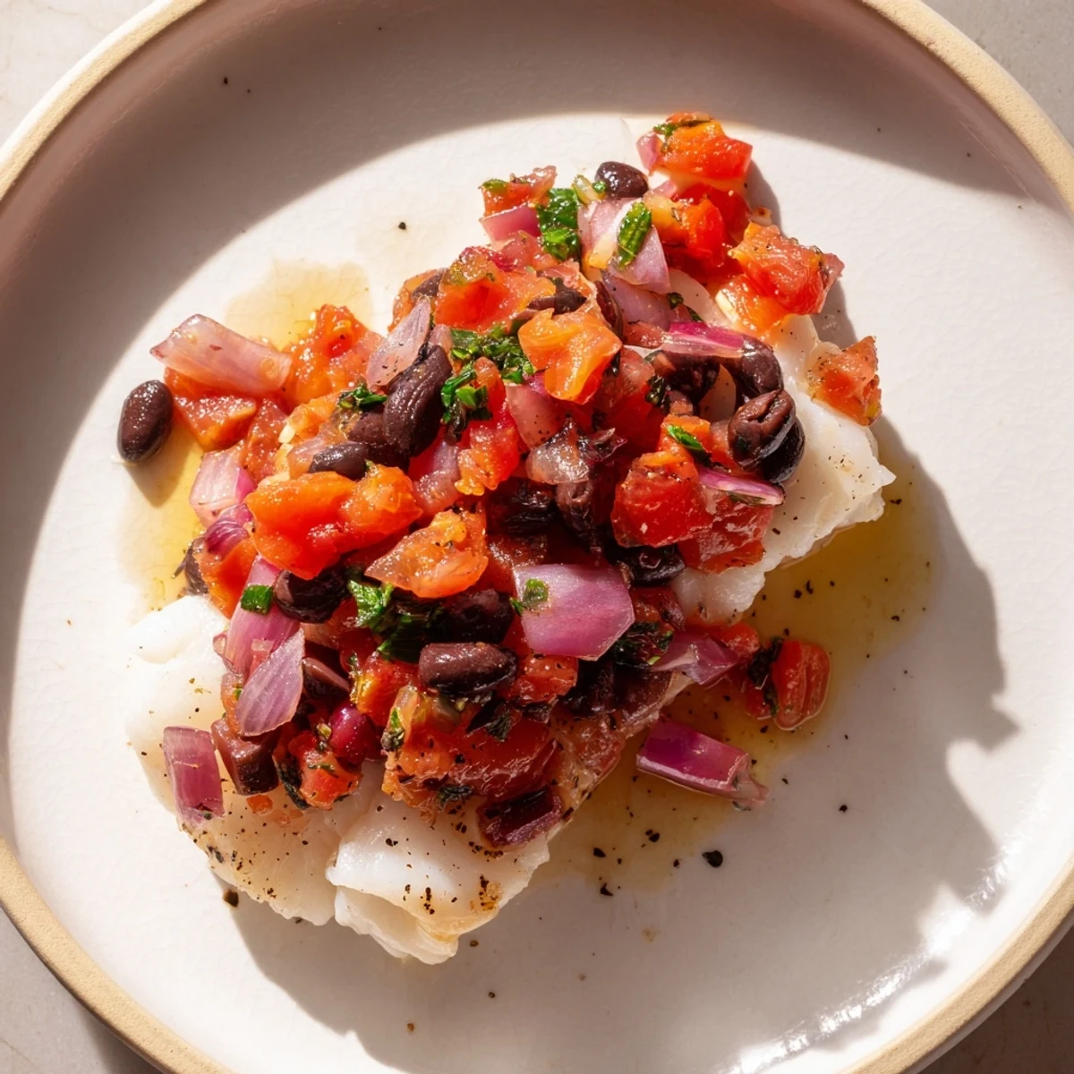 A Mediterranean-inspired Baked Cod with Tomato and Olive Salsa garnished with fresh parsley on a white plate.