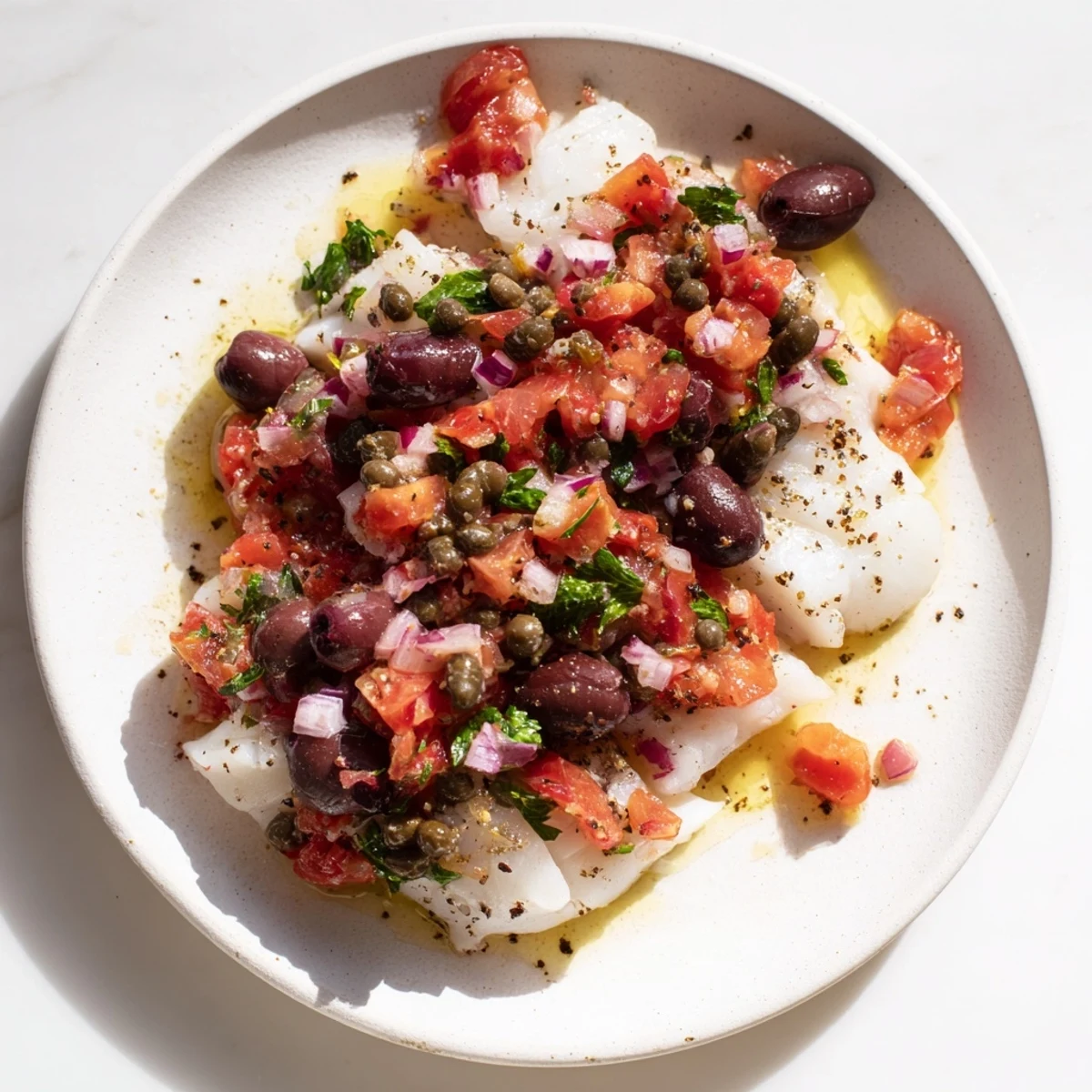 Baked Cod with Tomato and Olive Salsa served alongside steamed green beans for a healthy, low-carb dinner.