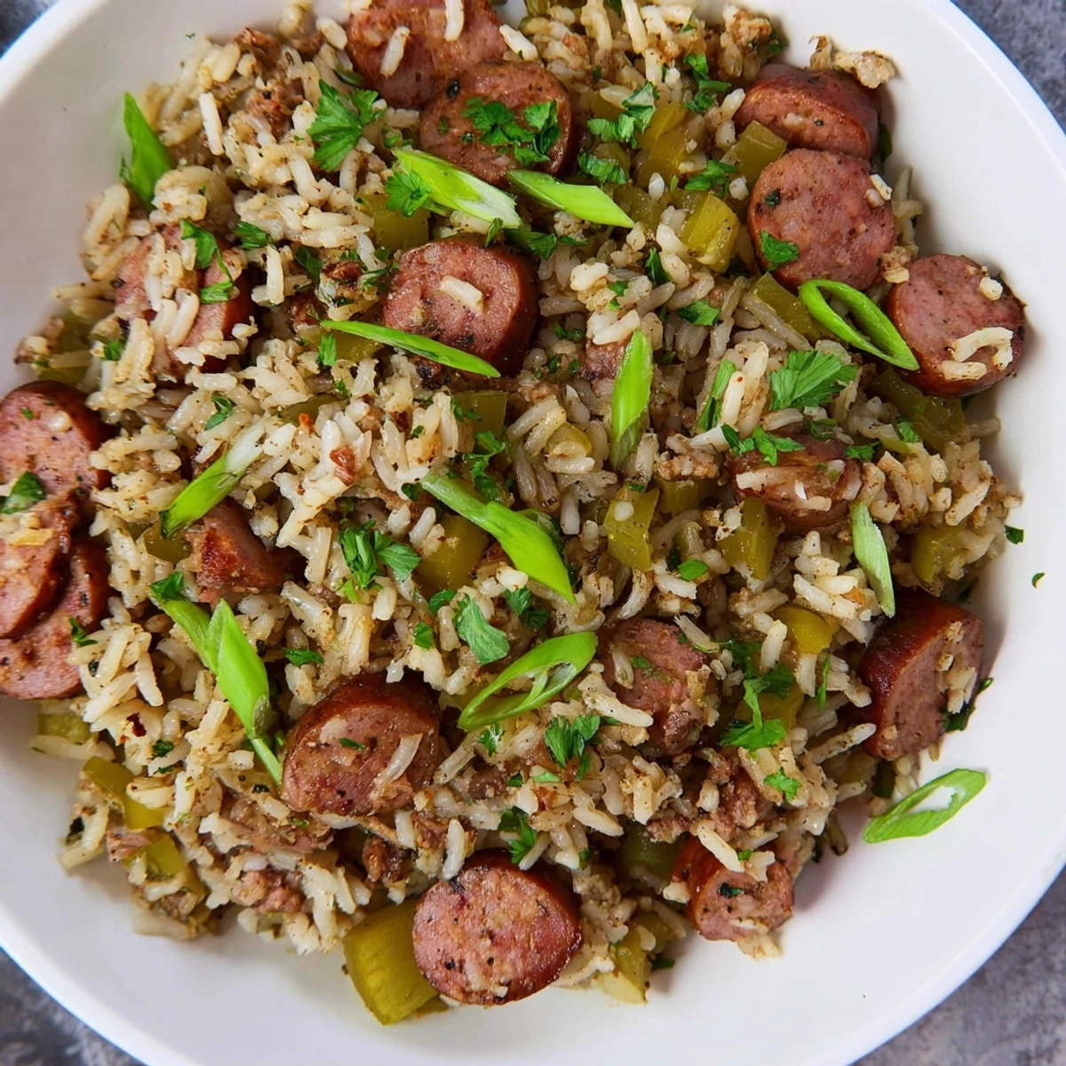 A hearty bowl of Mardi Gras Dirty Rice with Sausage features rich, browned Andouille and spices.