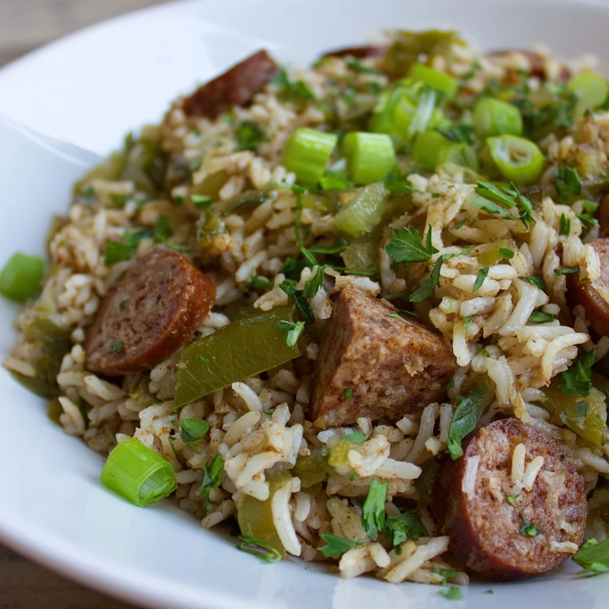 Mardi Gras Dirty Rice with Sausage served hot with parsley and green onions for garnish.