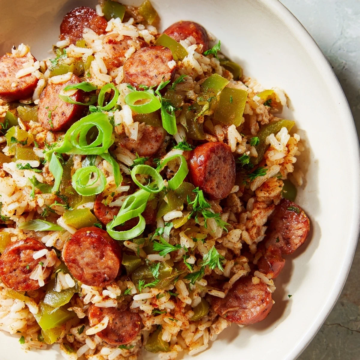 A close-up view of Mardi Gras Dirty Rice with Sausage highlights the savory texture and color.