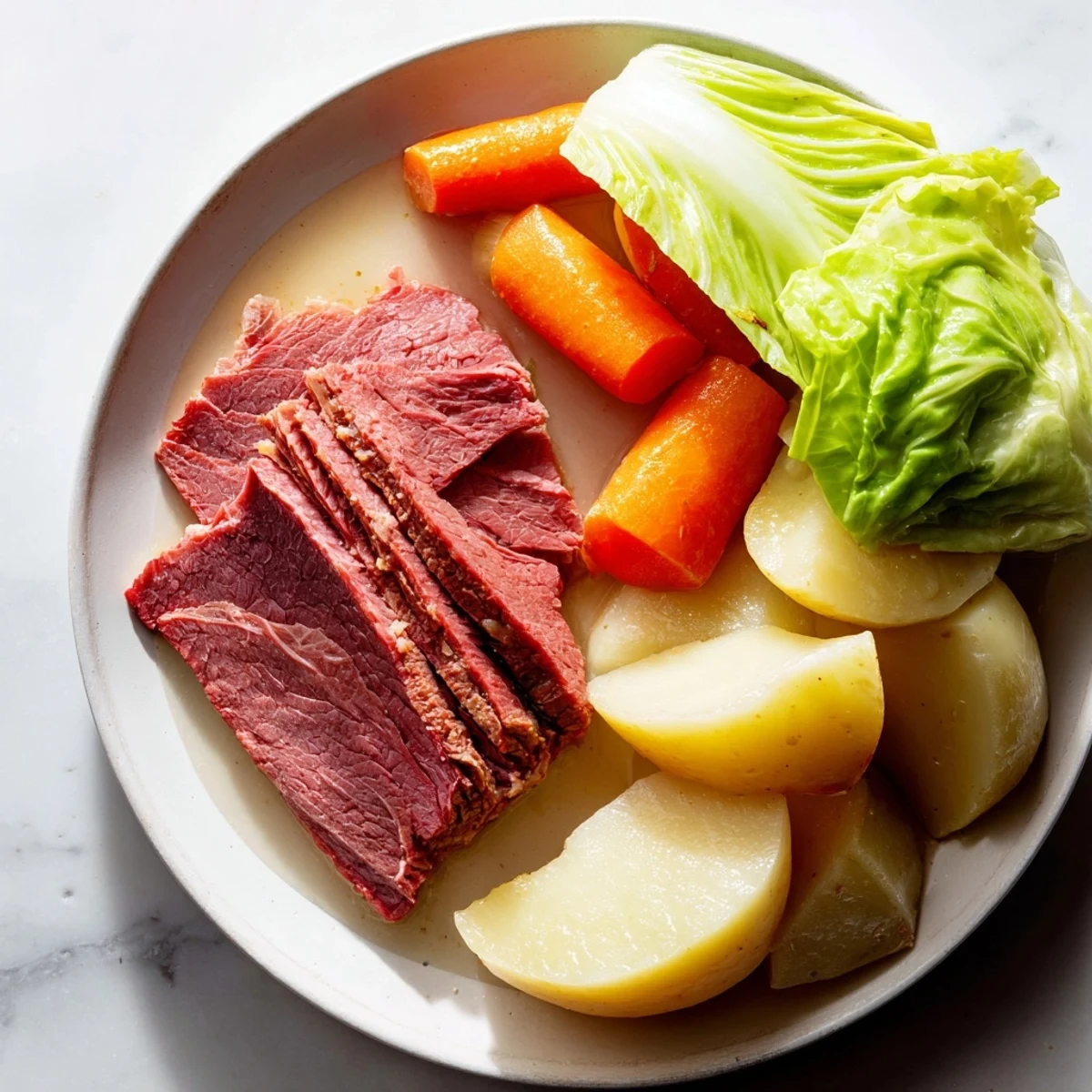 Golden corned beef brisket and vibrant green cabbage wedges simmered with potatoes and carrots in a savory broth.