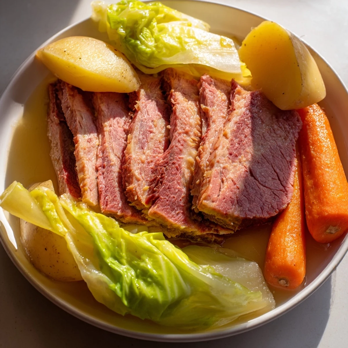 Fork-tender Corned Beef and Cabbage Dinner arranged on a platter with carrots and potatoes, ready for a hearty St. Patrick's Day meal.