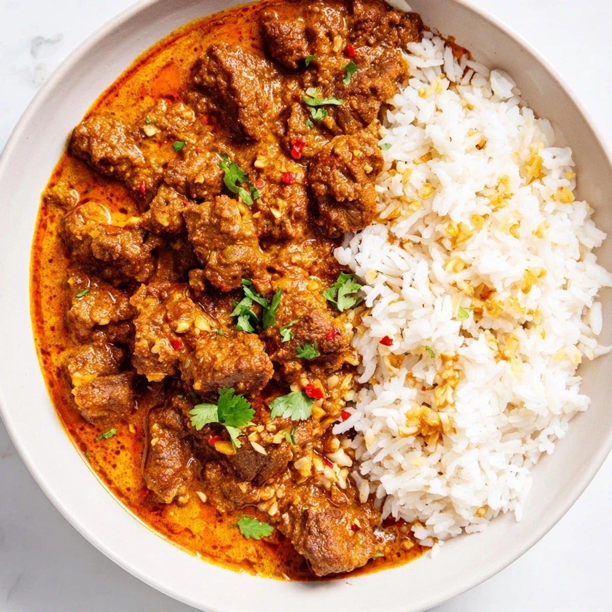 A close-up of Spicy Beef Curry with Rice, with tender beef cubes in a deep red sauce next to fluffy white rice and fresh cilantro garnish.