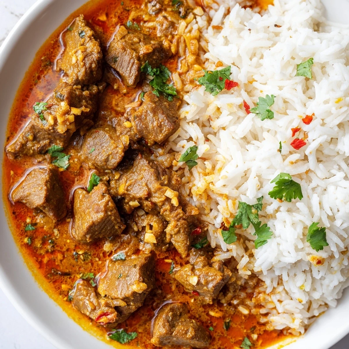 Spicy Beef Curry with Rice in a rustic setting, colorful curry and soft rice garnished with cilantro, perfect for a family meal.