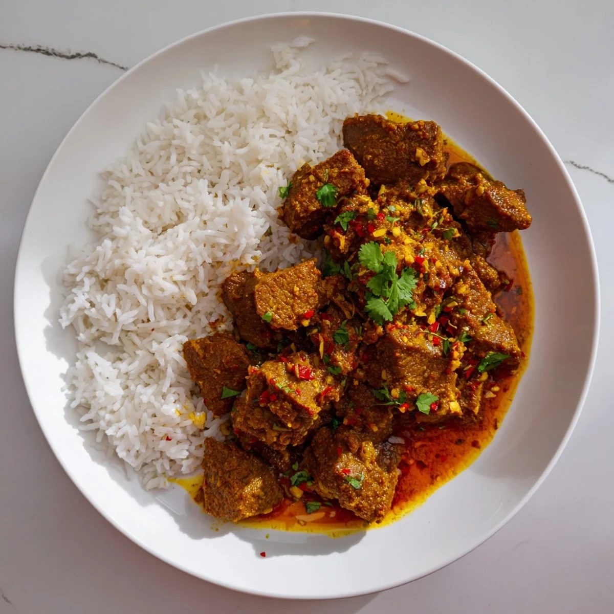 Steaming bowl of Spicy Beef Curry with Rice, rich spices and golden oil shimmering on the surface, served hot for a cozy dinner.