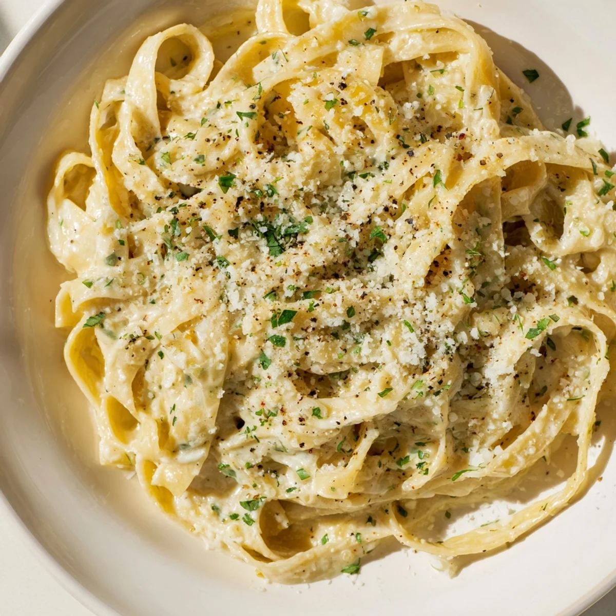 Creamy Garlic Pasta with Herbs in a white bowl, garnished with fresh parsley and basil leaves.