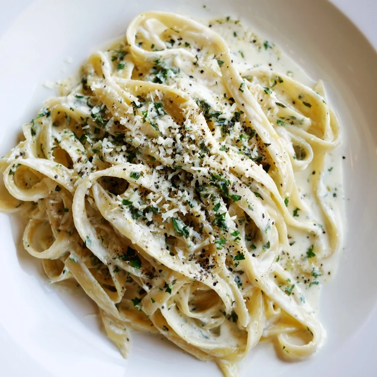 Steaming Creamy Garlic Pasta with Herbs twirled on a fork, revealing its velvety Parmesan sauce.