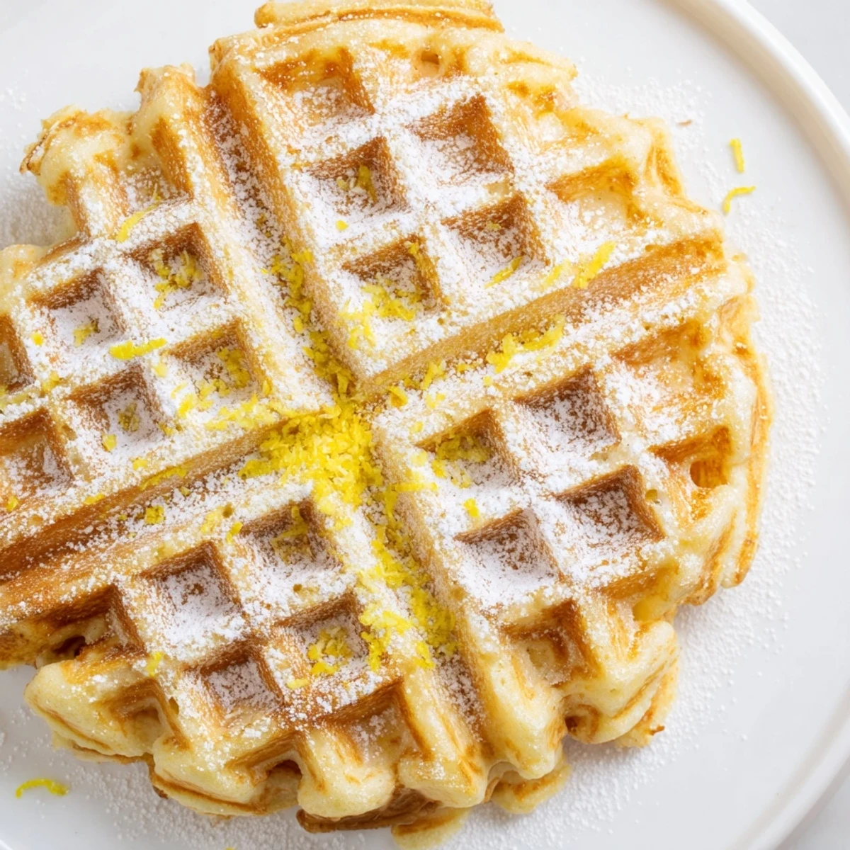 Golden Lemon Ricotta Waffles topped with fresh berries and maple syrup on a white plate.