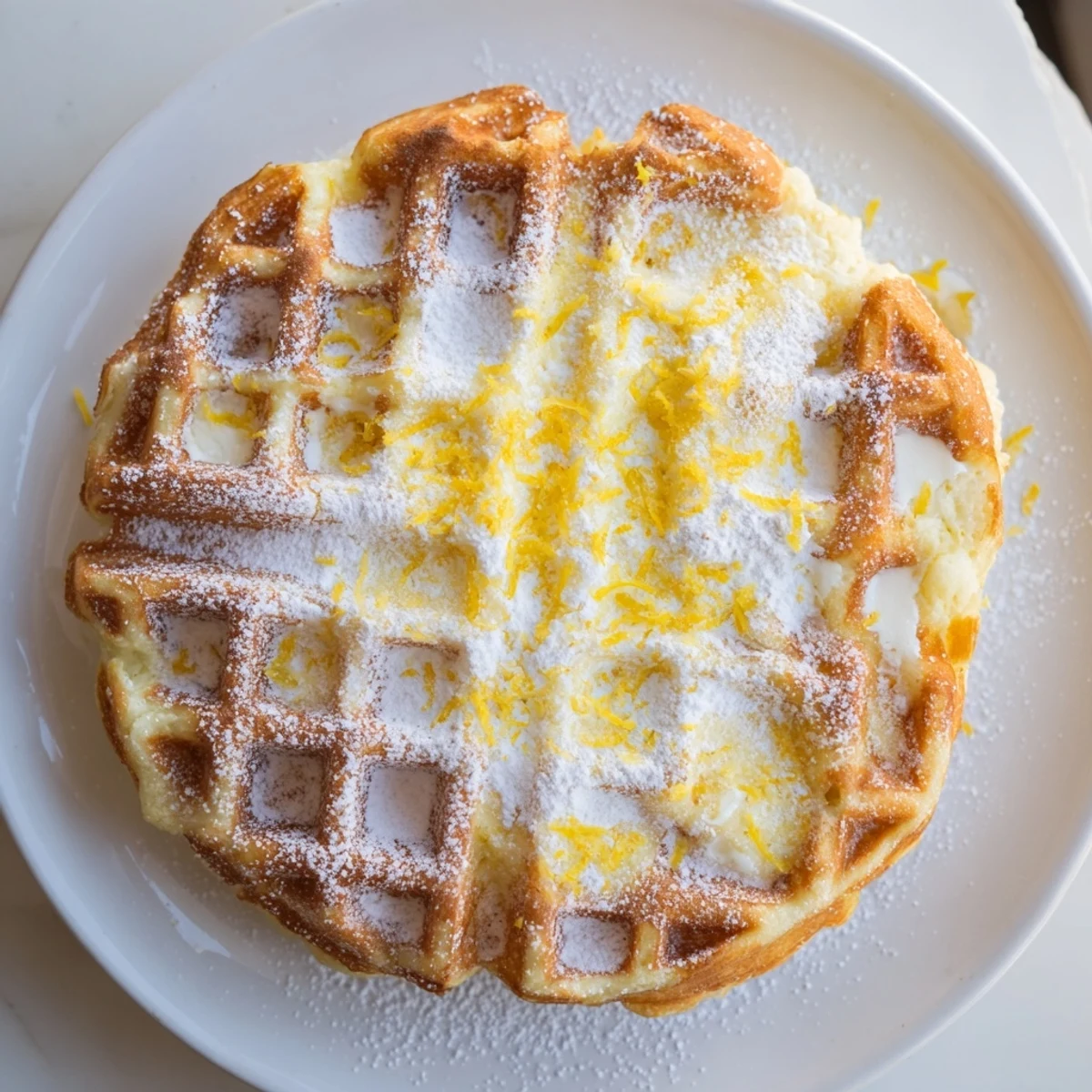 Fluffy Lemon Ricotta Waffles stacked high, dusted with powdered sugar next to a steaming mug of coffee.