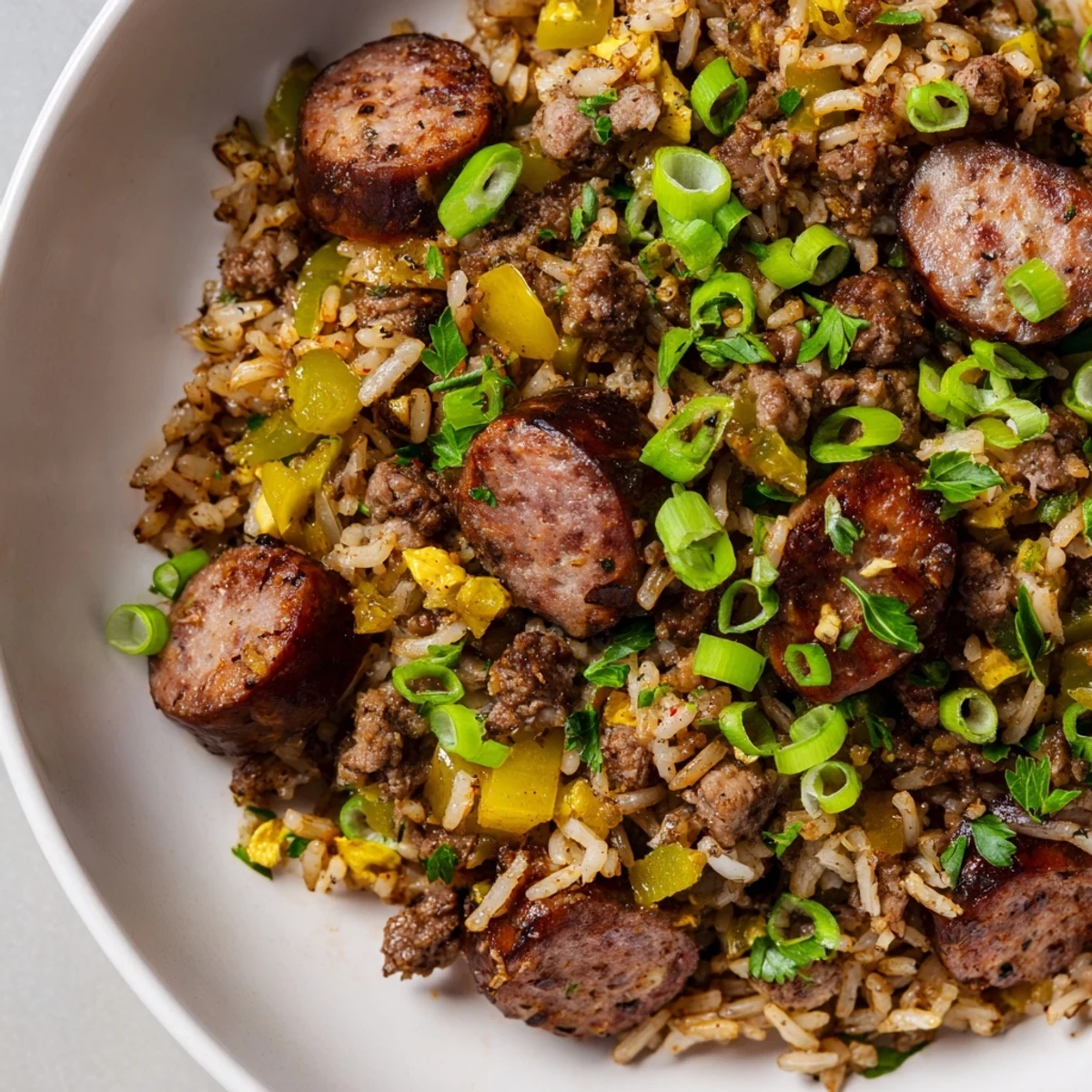 A hearty plate of Mardi Gras Dirty Rice with Beef Sausage, garnished with fresh green onions and parsley on a wooden table.