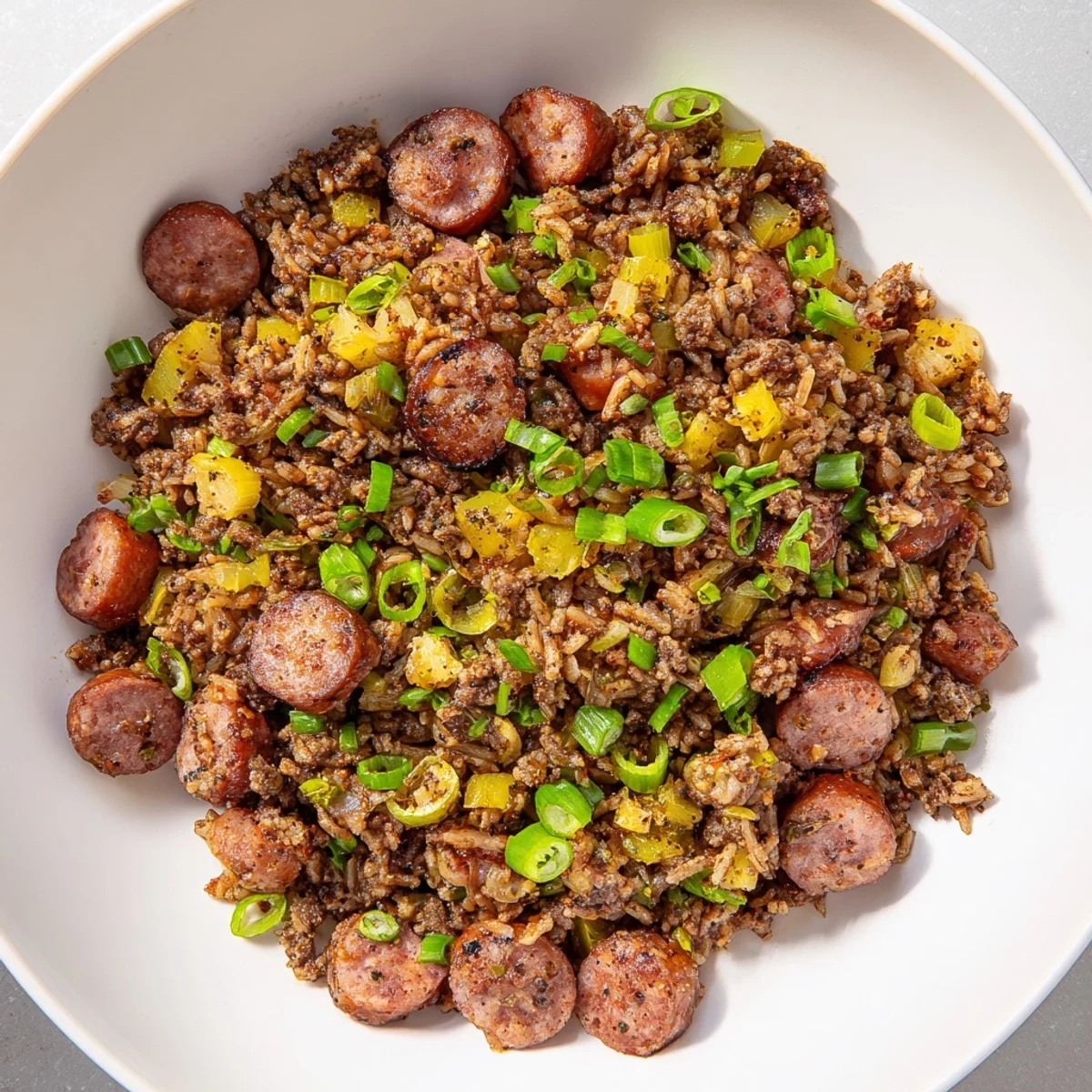 Sizzling Mardi Gras Dirty Rice with Beef Sausage in a skillet with diced peppers and onions ready to serve.