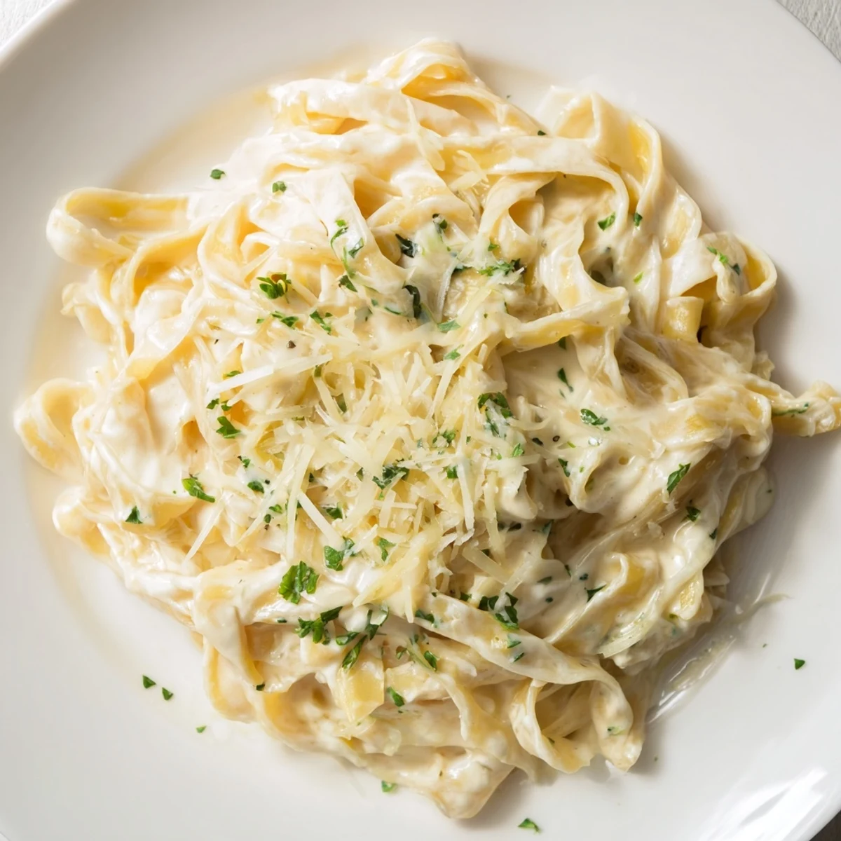 Creamy Garlic Pasta with Fresh Herbs served in a white bowl, garnished with parsley and basil for vibrant color.