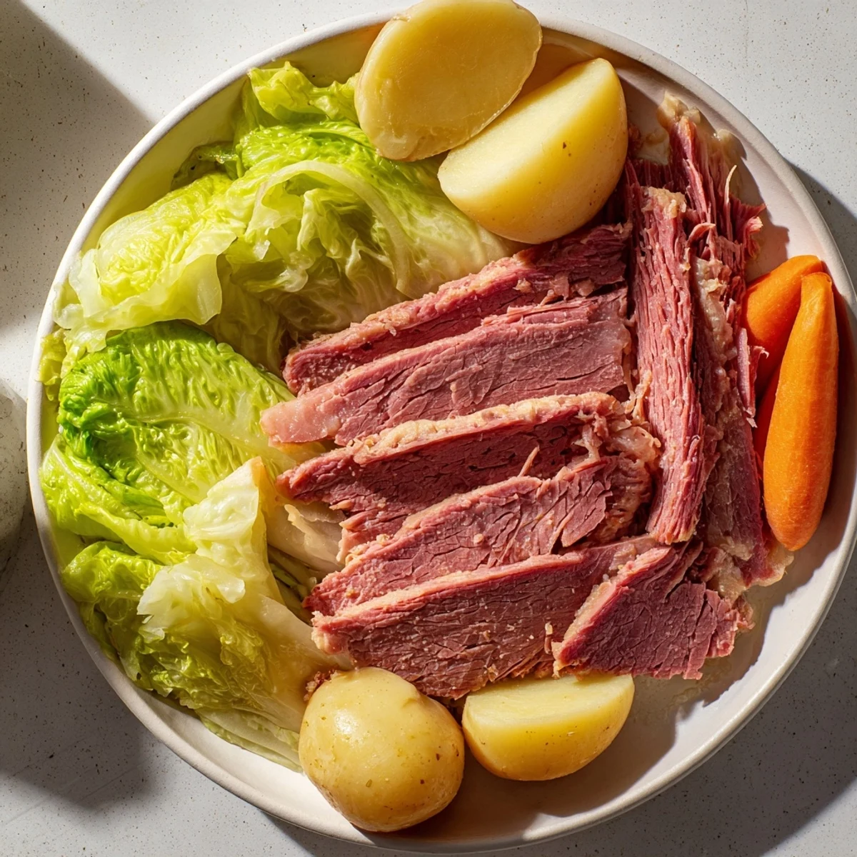Tender sliced corned beef brisket surrounded by cabbage wedges and carrots on a serving platter.