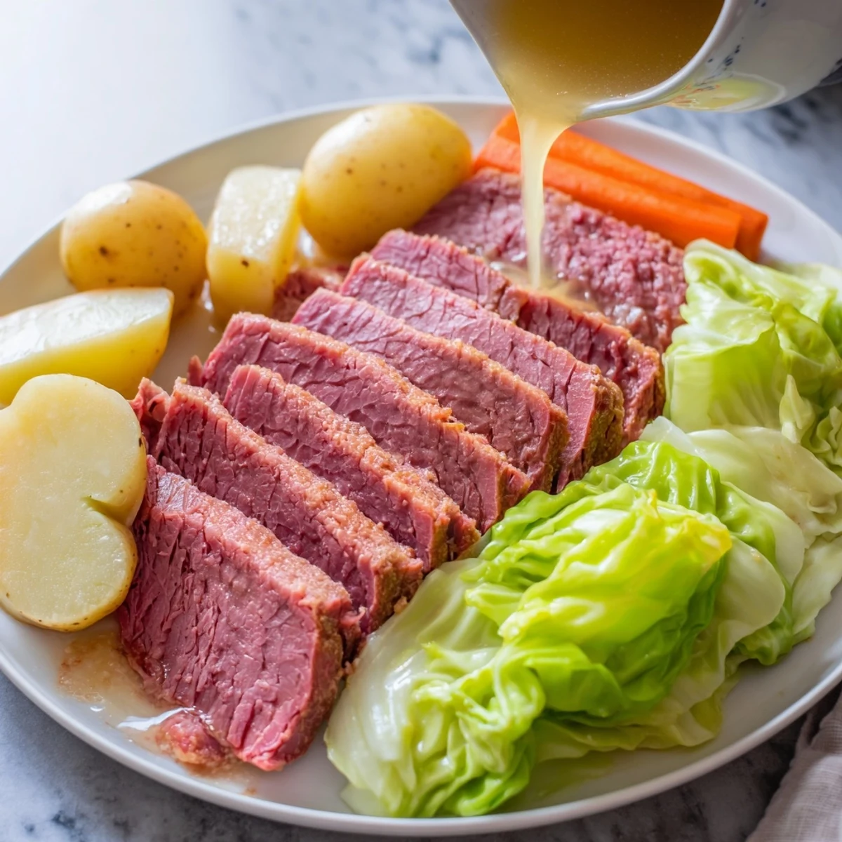 Steam rises from golden potatoes, bright cabbage, and carrots beside corned beef on a rustic platter.