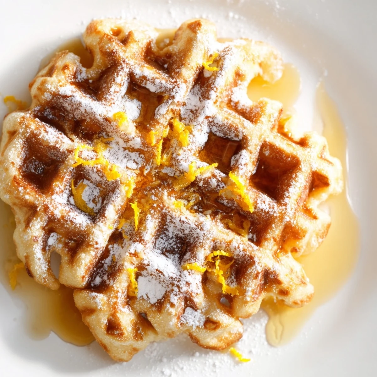 Freshly made Lemon Ricotta Waffles with crispy edges and a soft center, ready to be enjoyed with a pat of butter.