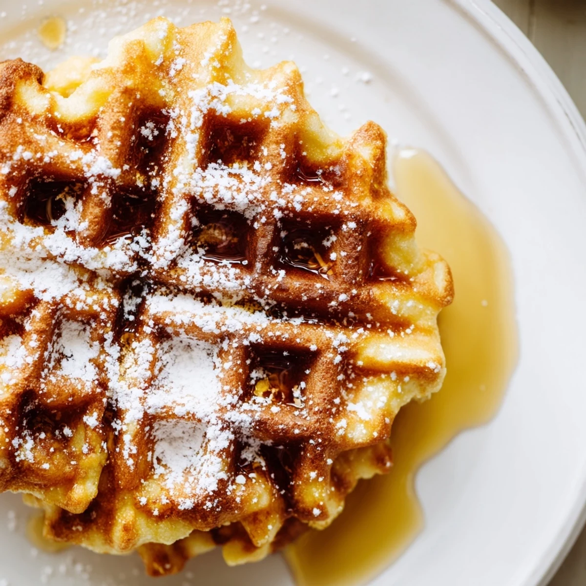 Golden brown Lemon Ricotta Waffles stacked high, drizzled with maple syrup and topped with fresh berries on a wooden board.