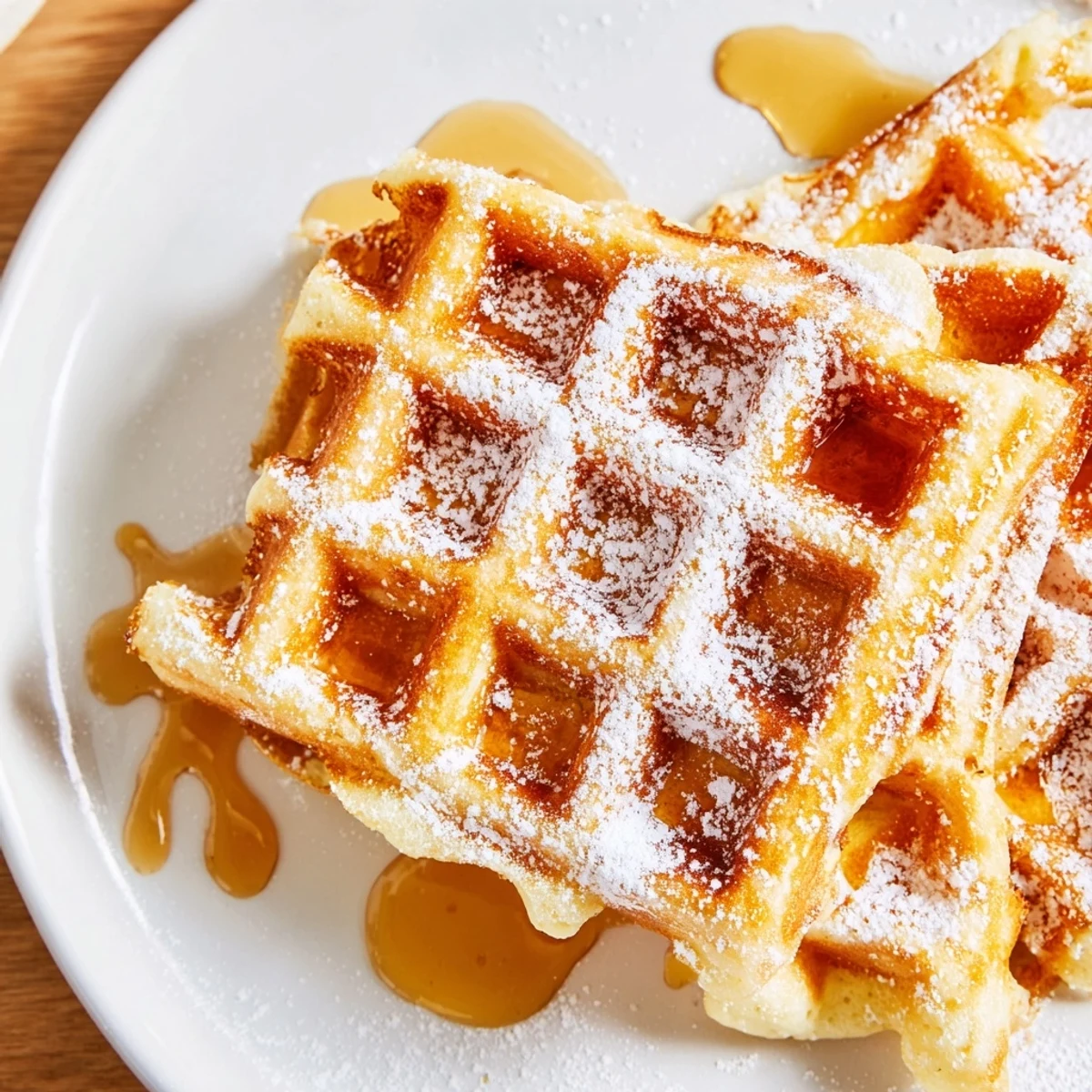 A close-up of fluffy Lemon Ricotta Waffles on a plate, garnished with powdered sugar and a lemon wedge for brightness.