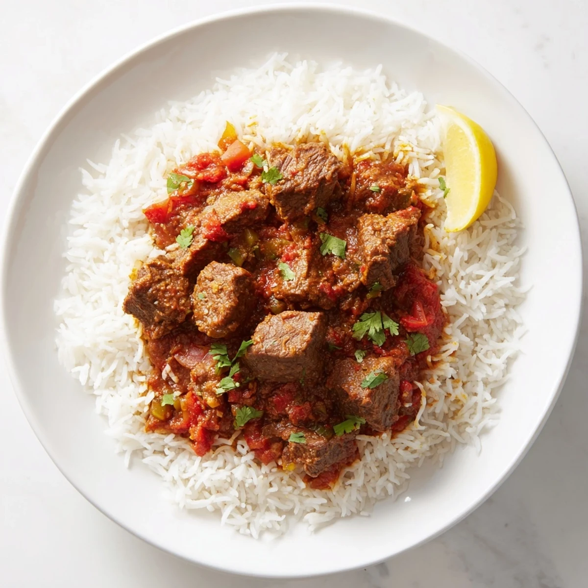 A steaming plate of Spicy Beef Curry with Basmati Rice showcases tender beef cubes in a rich, aromatic tomato sauce, garnished with fresh cilantro and lemon wedges.