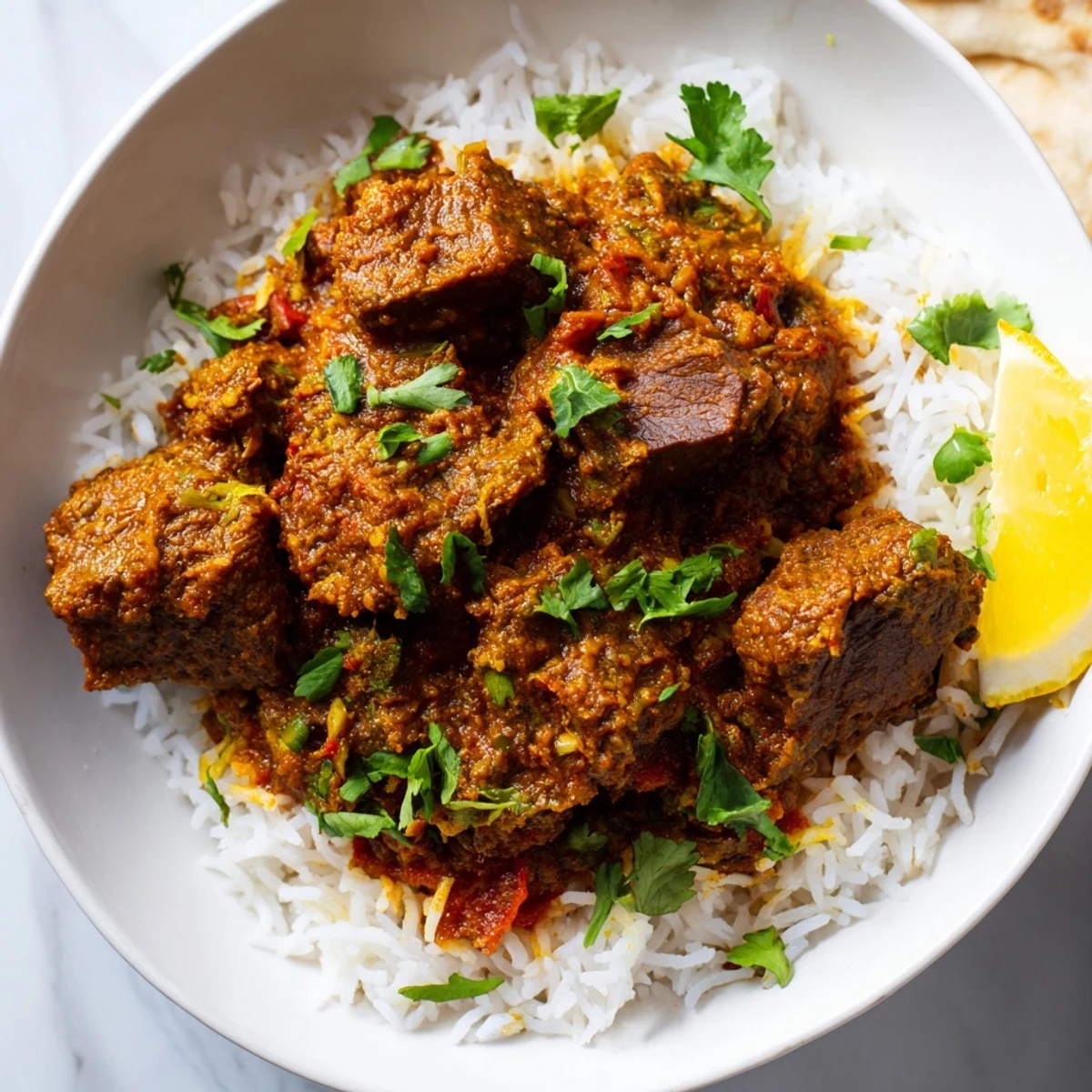 In this rustic kitchen scene, Spicy Beef Curry with Basmati Rice is ready to serve, accompanied by naan and a spoonful of cooling raita for balance.