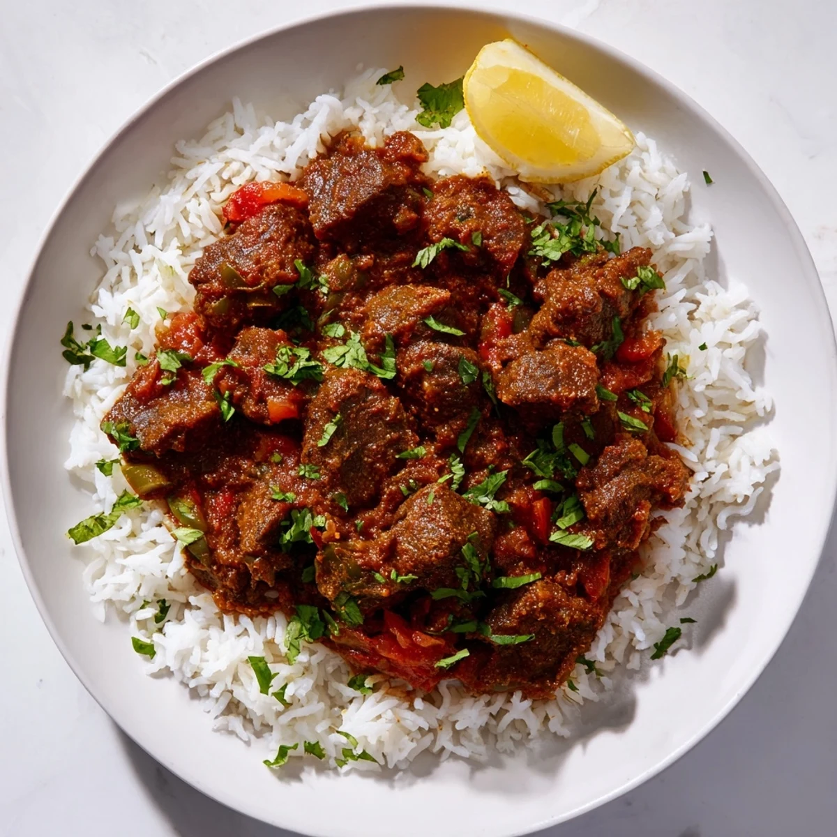 Close-up of Spicy Beef Curry with Basmati Rice reveals fluffy, buttery rice topped with a generous serving of the bold, warming curry sauce and beef chunks.