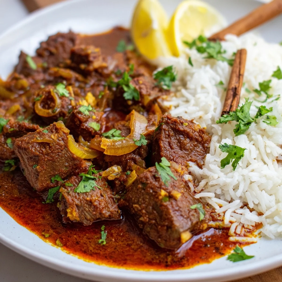 Steaming bowl of Spicy Beef Curry with Basmati Rice garnished with fresh cilantro.