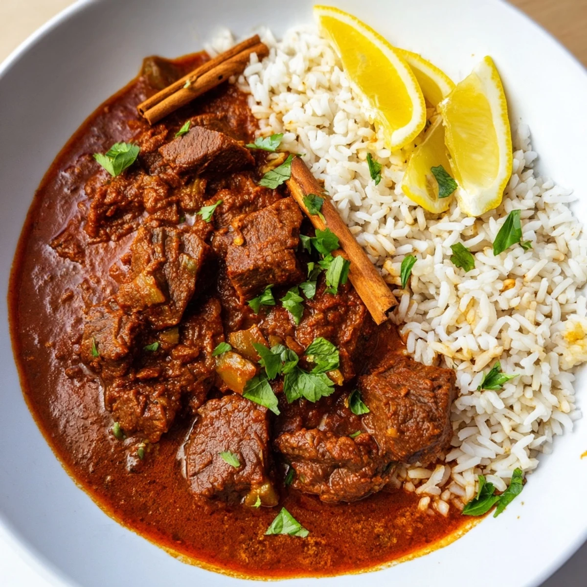 Homemade Spicy Beef Curry with Basmati Rice featuring rich tomato sauce and lemon wedge.