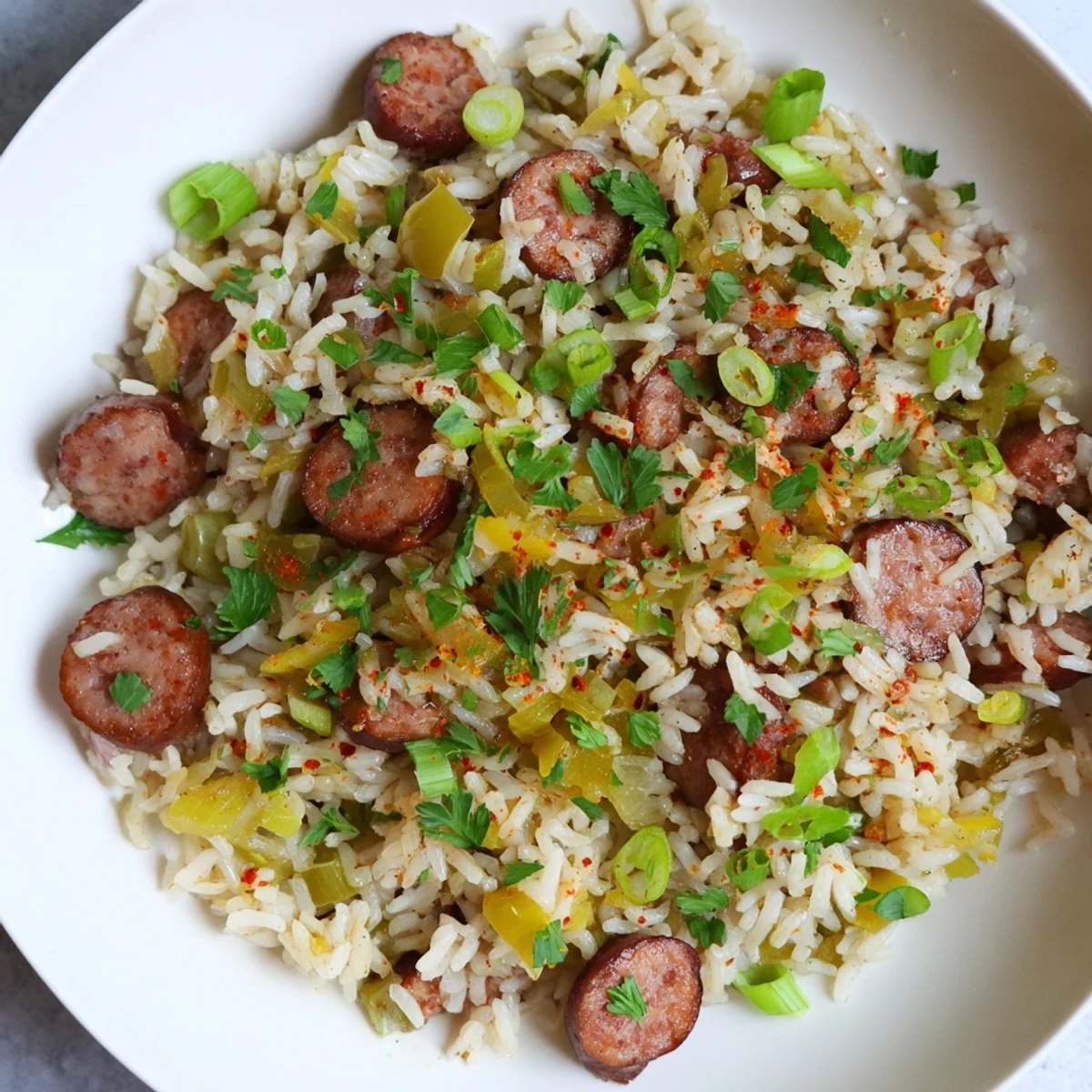 A close-up view of Mardi Gras Dirty Rice with savory beef sausage pieces, diced bell peppers, and herbs, steaming hot and ready to serve at a festive Louisiana-style dinner.