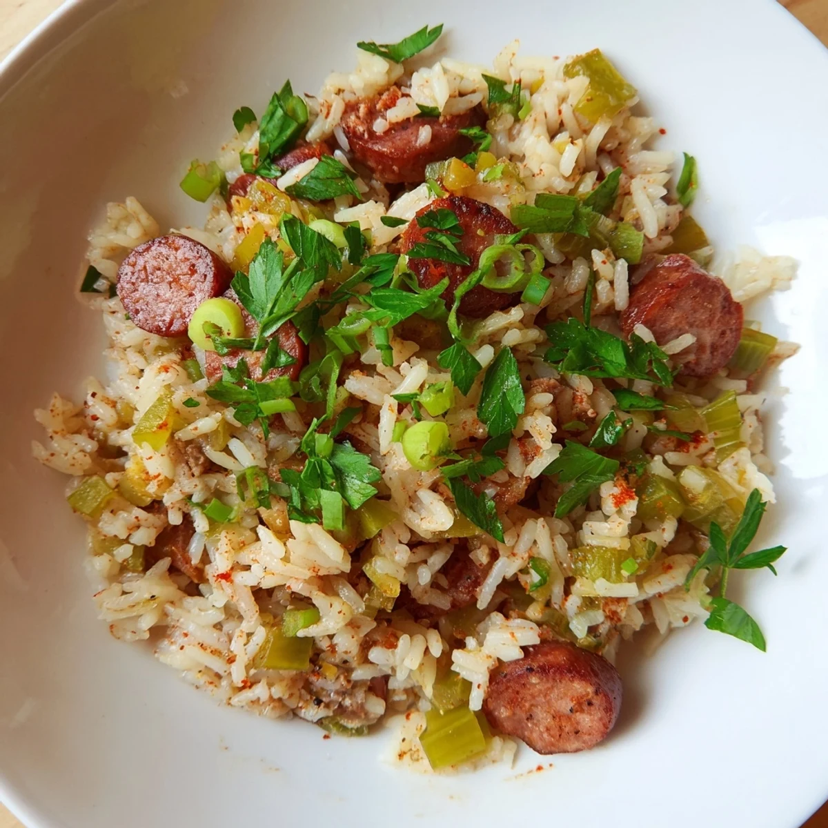 Golden-brown slices of spiced beef sausage and aromatic vegetables mingling with fluffy rice in a skillet, finished with fresh green parsley and scallions for a classic Mardi Gras Dirty Rice dish.