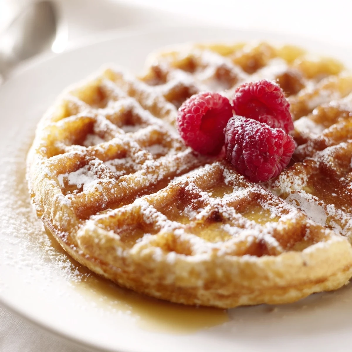 Freshly cooked Lemon Ricotta Waffles with Syrup drizzled warmly, topped with berries on a rustic breakfast plate.