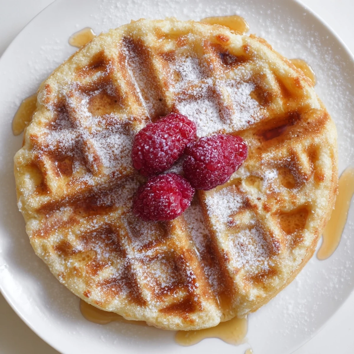 Stack of golden Lemon Ricotta Waffles with Syrup, showing fluffy texture and lemon zest specks beside butter.
