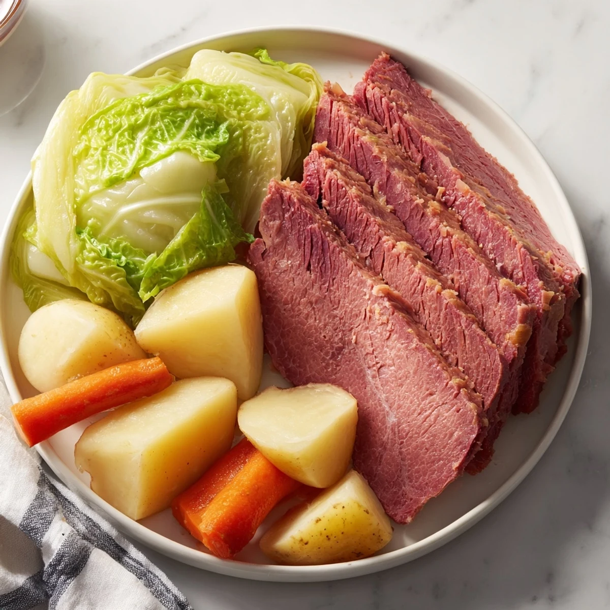 Golden slices of tender corned beef and cabbage dinner platter are arranged with carrots and potatoes on a rustic wooden board.