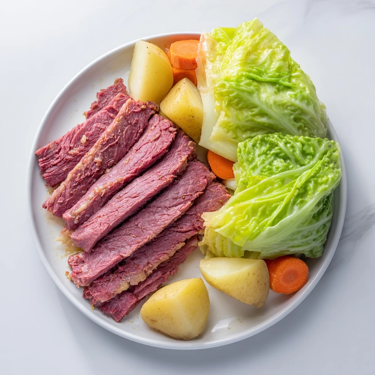 Hearty corned beef and cabbage dinner platter is served with a side of grainy mustard and fresh parsley sprigs.