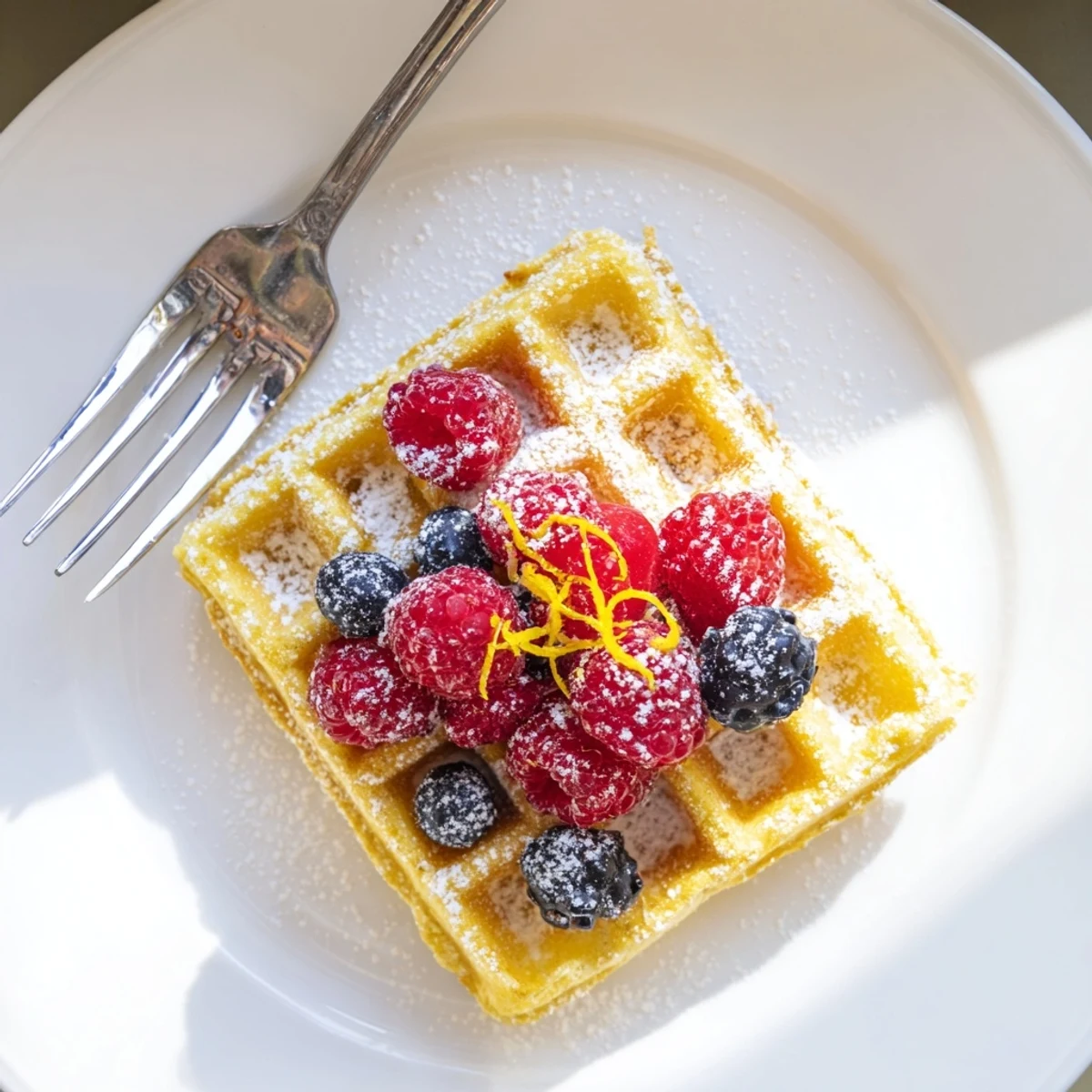 Golden-brown Lemon Ricotta Waffles with fresh berries and a dusting of powdered sugar, ready to serve.