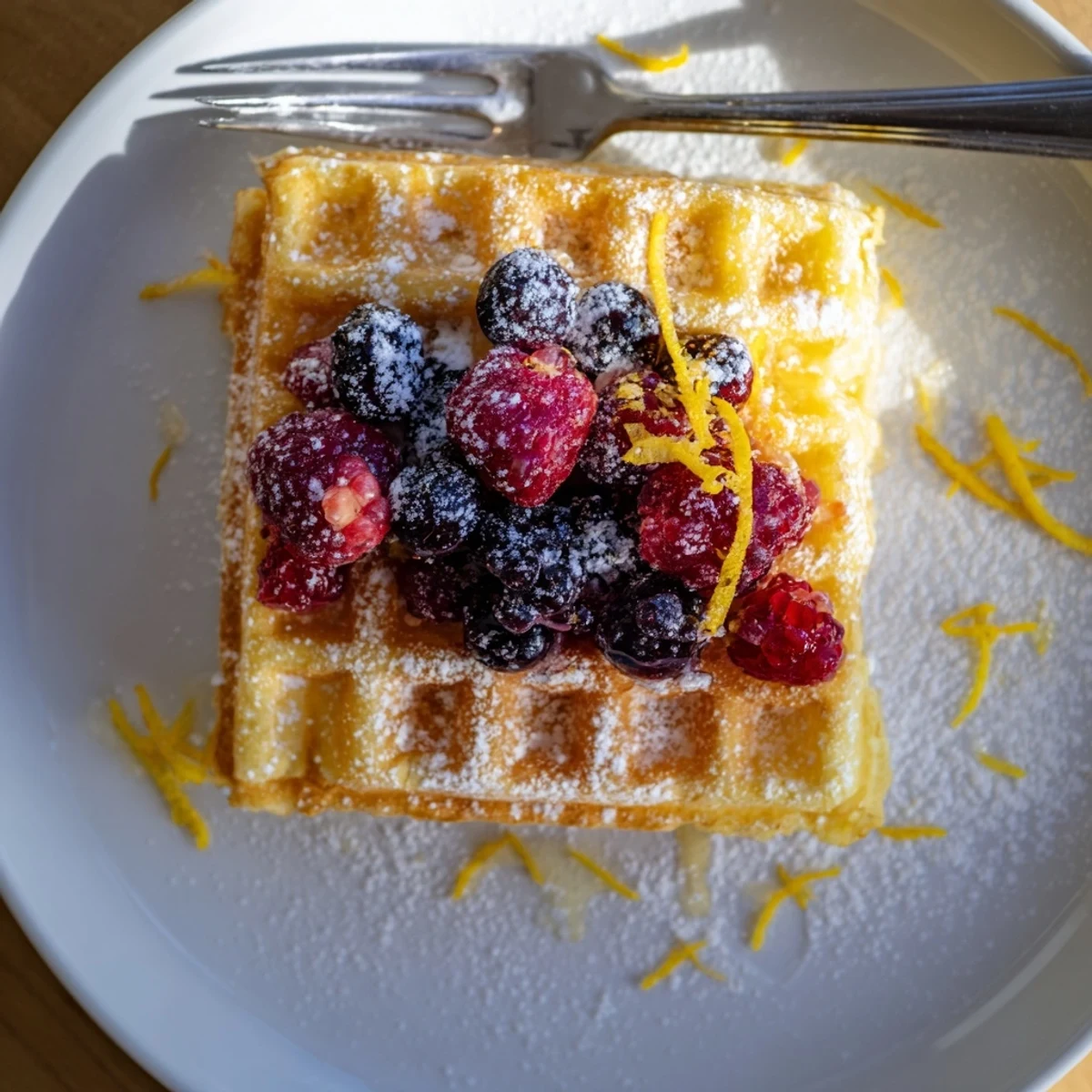 Freshly cooked Lemon Ricotta Waffles drizzled with maple syrup on a rustic plate for a sweet breakfast.