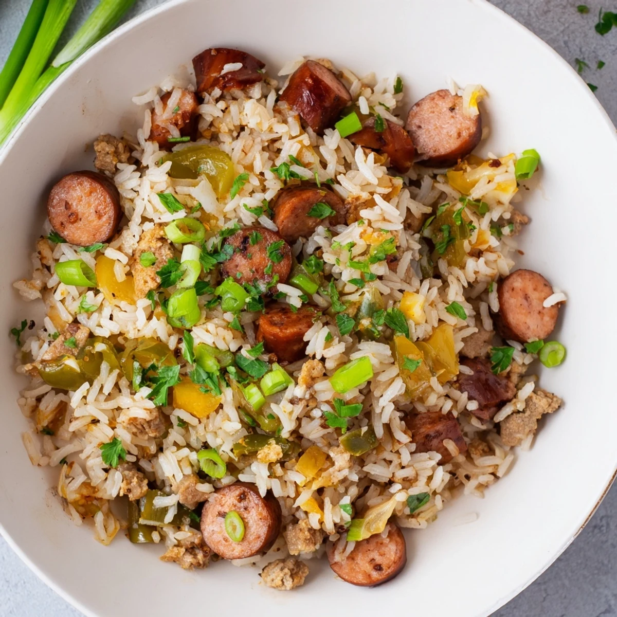 Mardi Gras Dirty Rice with Sausage served hot with fresh parsley garnish and spring onions on a festive plate.