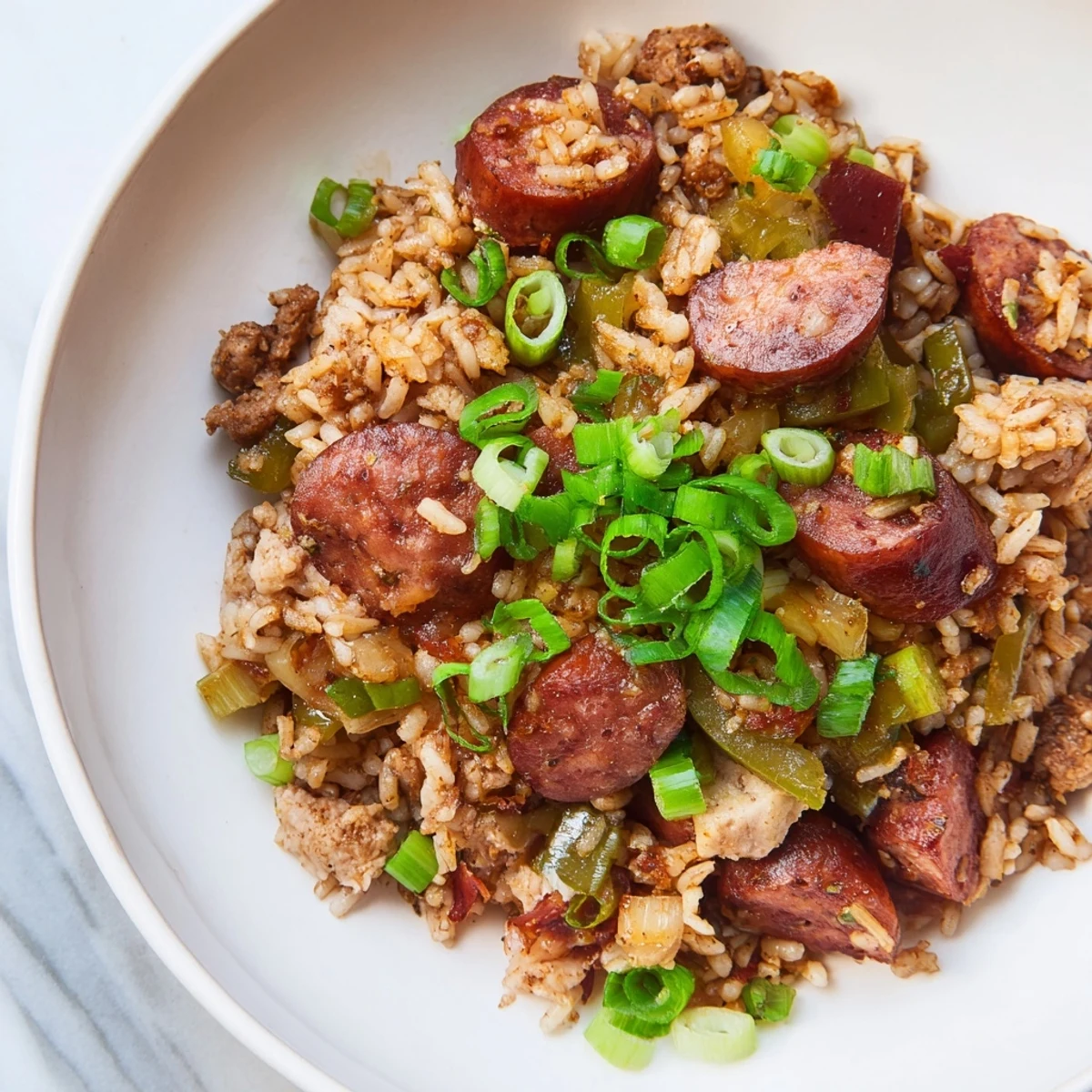 A close-up of Mardi Gras Dirty Rice with Sausage featuring Andouille and ground meat in a flavorful Creole dish.