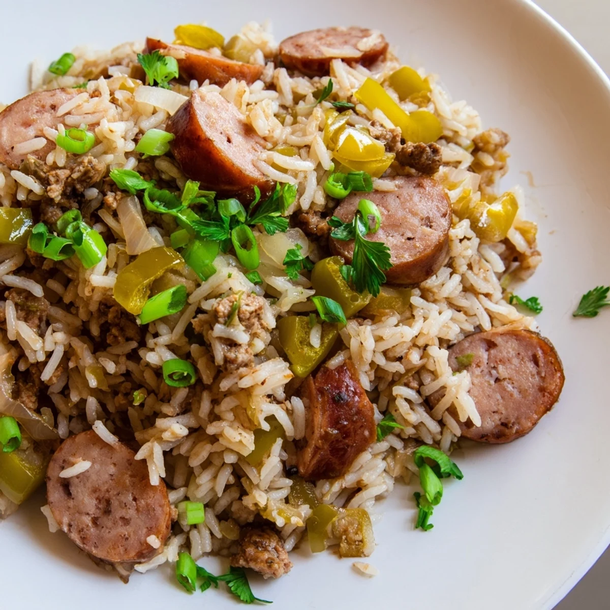 Savory Mardi Gras Dirty Rice with Sausage on a white plate, ready to serve alongside cornbread and collard greens.