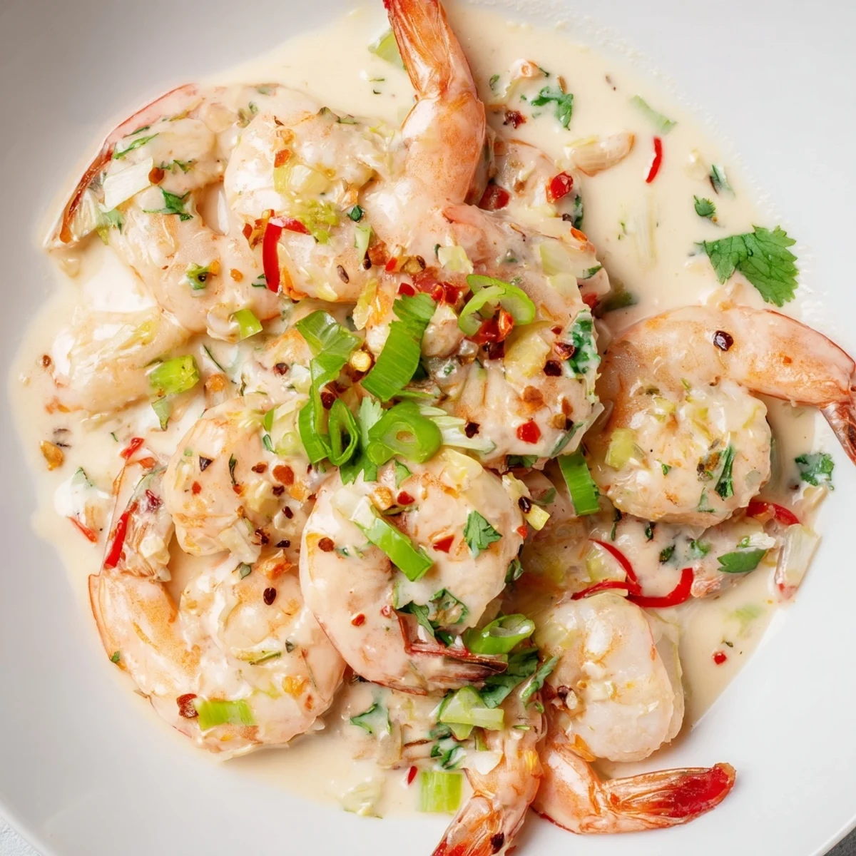 Steaming bowl of Garlic Shrimp in Coconut Milk garnished with fresh cilantro and green onions.