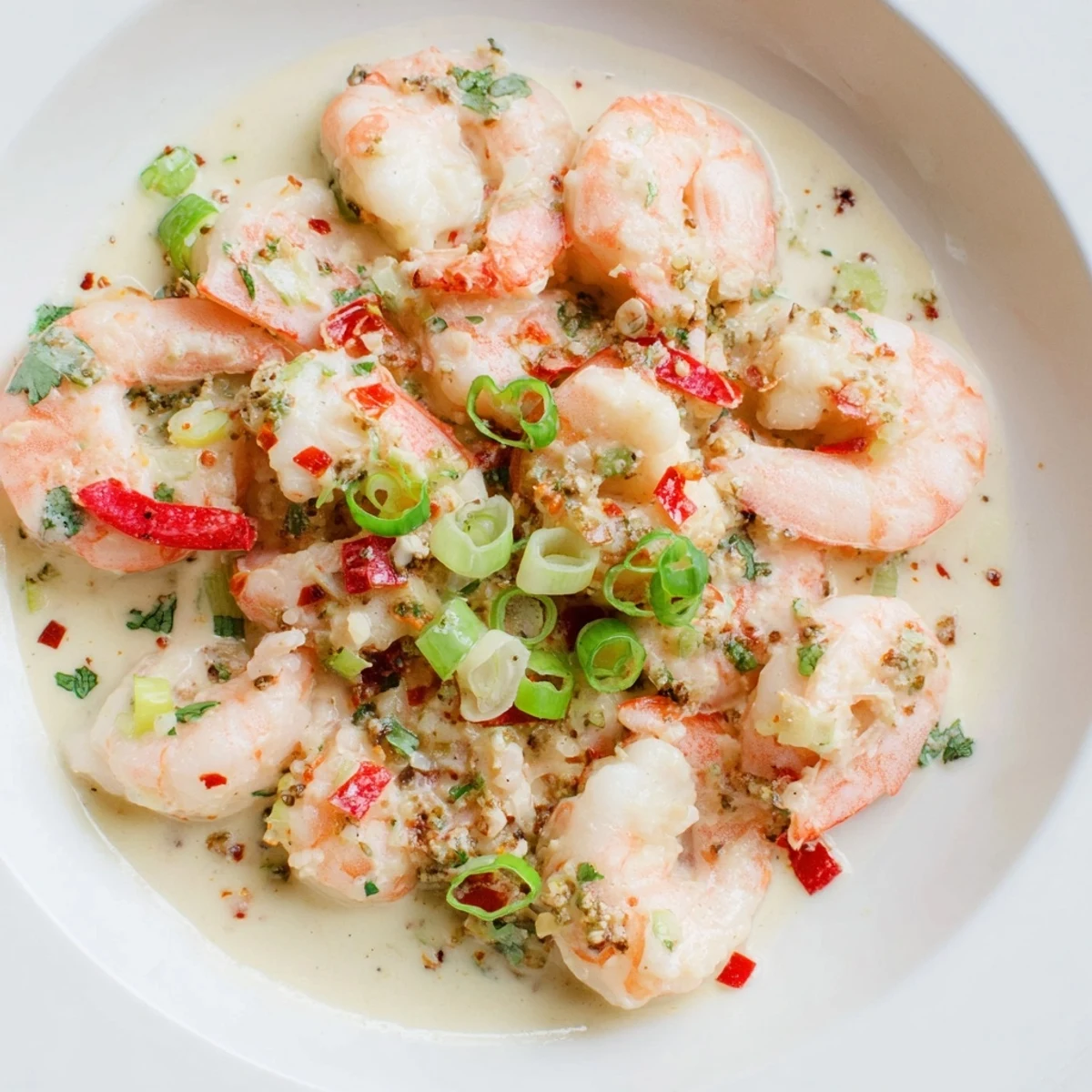 Creamy Garlic Shrimp in Coconut Milk served over fluffy jasmine rice with lime wedges.