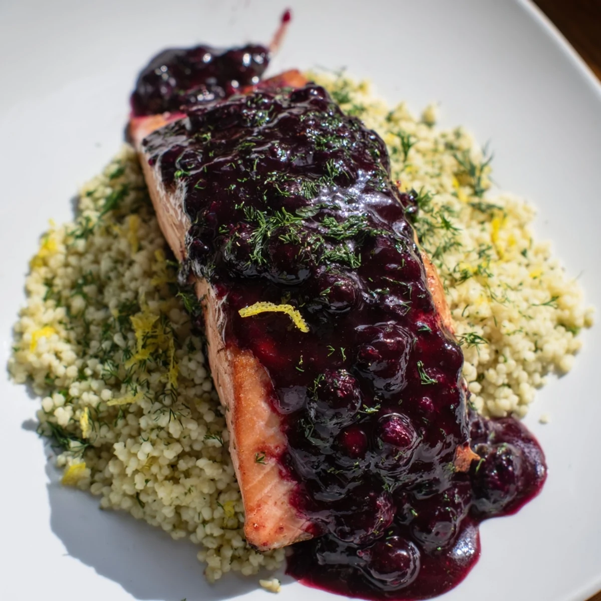 Glazed salmon fillets topped with vibrant blueberry reduction, alongside fluffy lemon herb couscous for a bright, healthy dinner.
