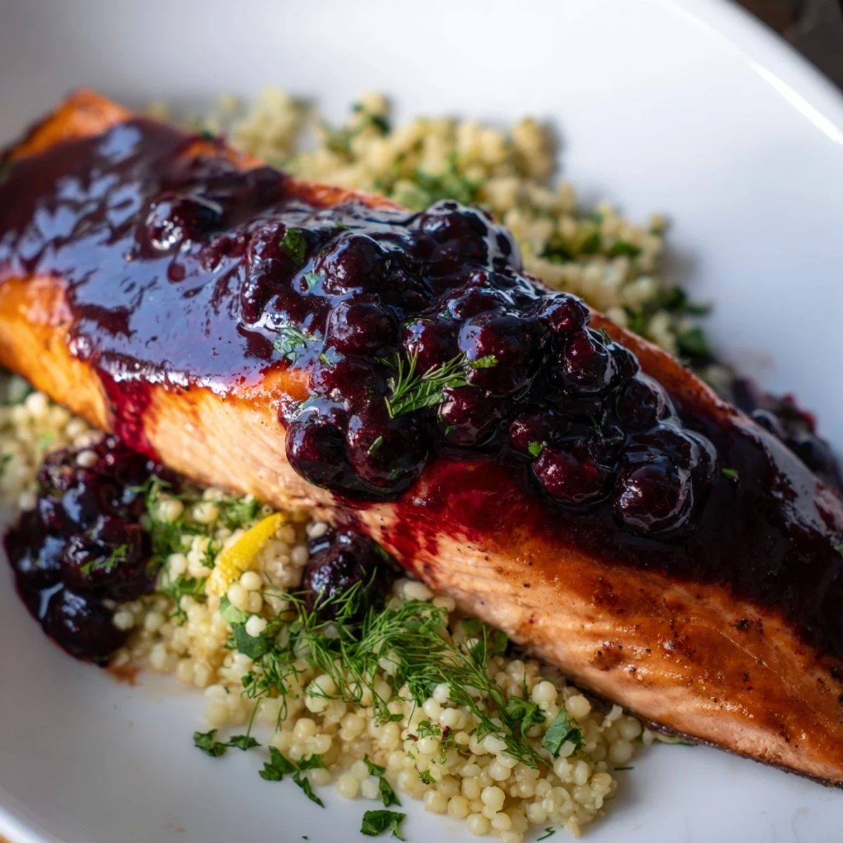 Succulent salmon glazed in tangy blueberry sauce rests on lemon couscous, garnished with fresh herbs for a flavorful meal.