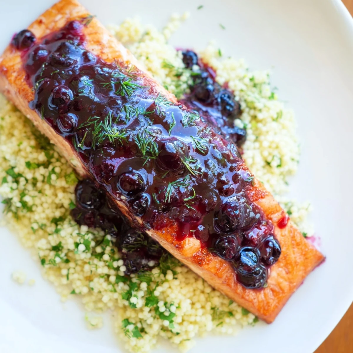 Golden-baked salmon with sweet and tangy blueberry glaze served over herbed couscous, ready for an impressive weeknight dinner.