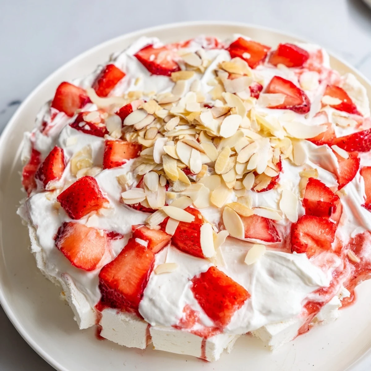 Chilled Heaven on Earth Cake topped with fresh strawberry slices and sliced almonds on a marble surface.  