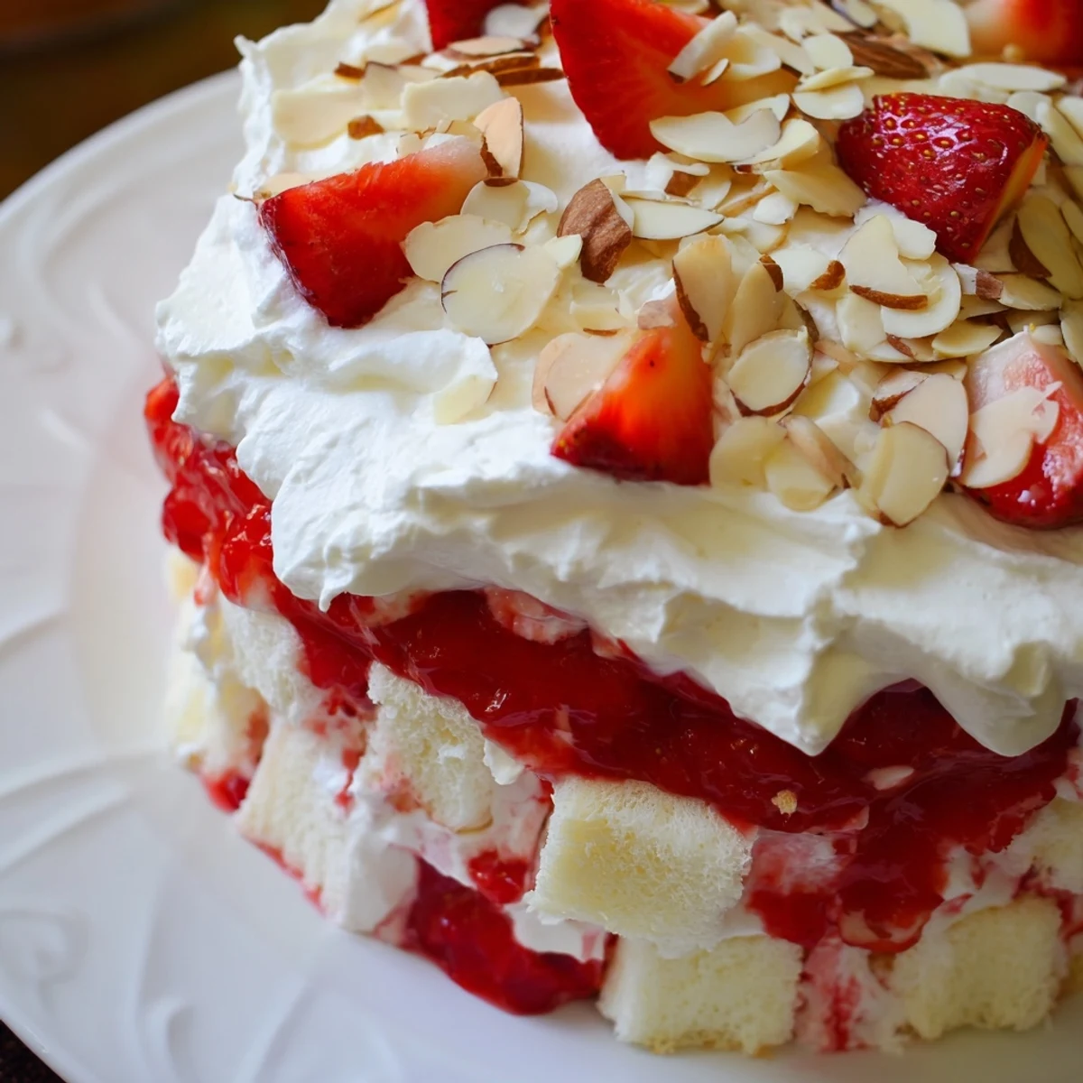 Heaven on Earth Cake slices layered in a glass trifle dish with creamy vanilla pudding and bright strawberry filling.  
