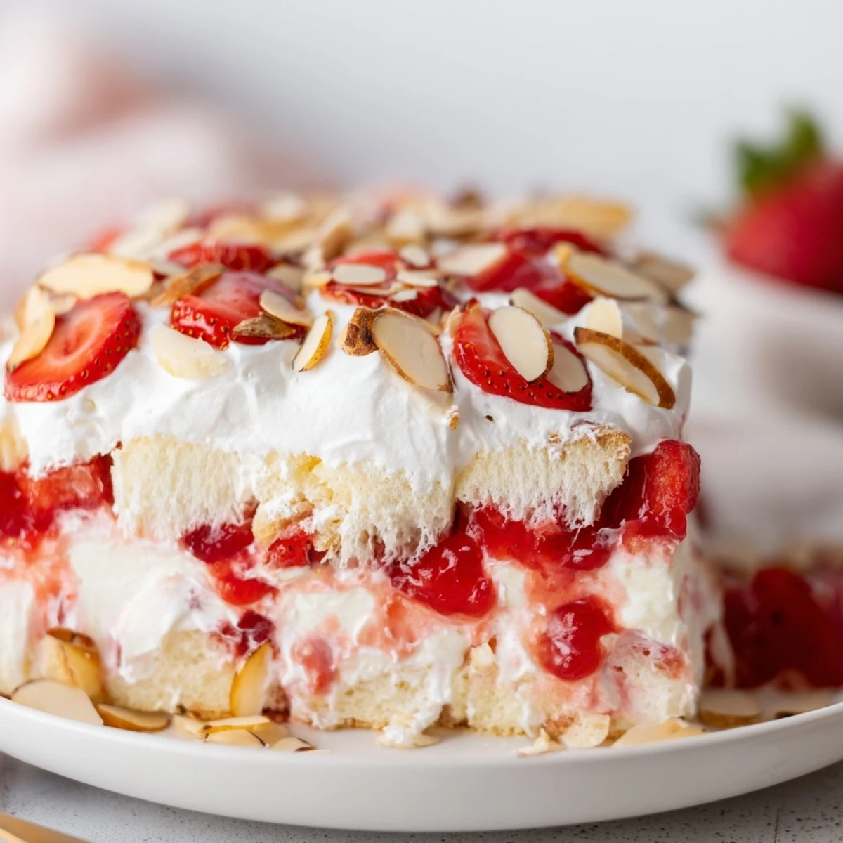 Summer Heaven on Earth Cake dessert served on white plates, angel food cake cubes peeking through creamy layers.
